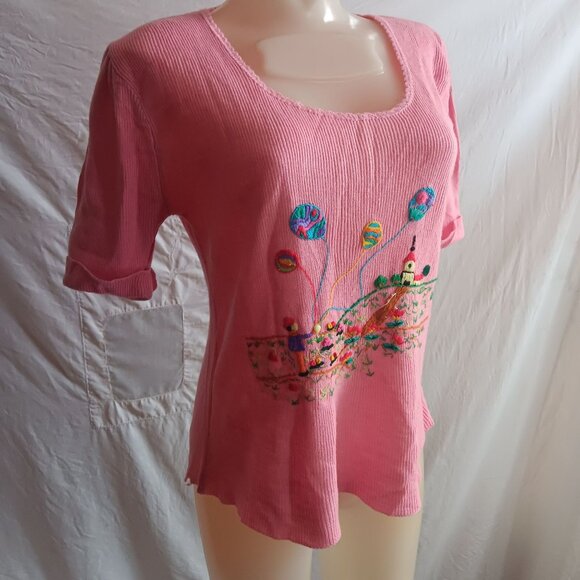 Vintage 70's Top Large Pink Embroidered Balloon Village Scene Boho Disco Hippy - Picture 2 of 8